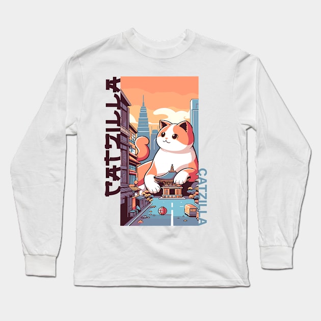 Catzilla Japanese Funny Cat Kawaii Parody Vintage Catzilla Long Sleeve T-Shirt by rhazi mode plagget